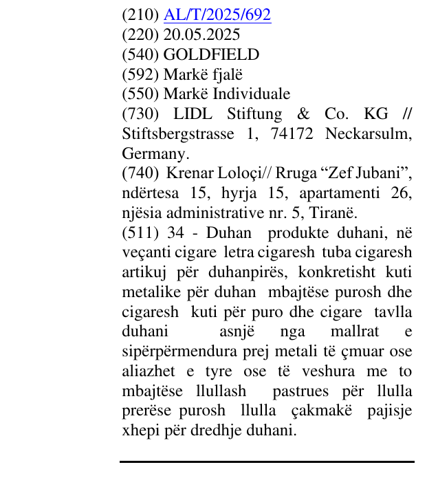 The entry of the trademark GOLDFIELD in the bulletin