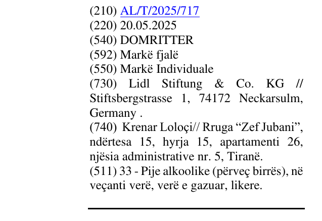 Zëri i markës DOMRITTER në buletin