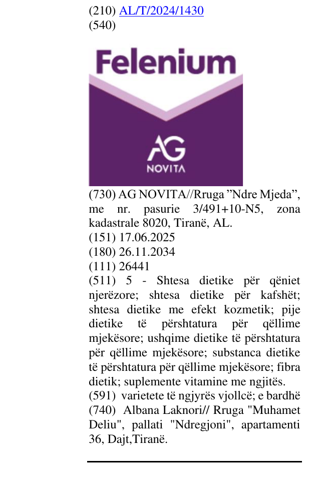 Zëri i markës FELENIUM AG NOVITA në buletin
