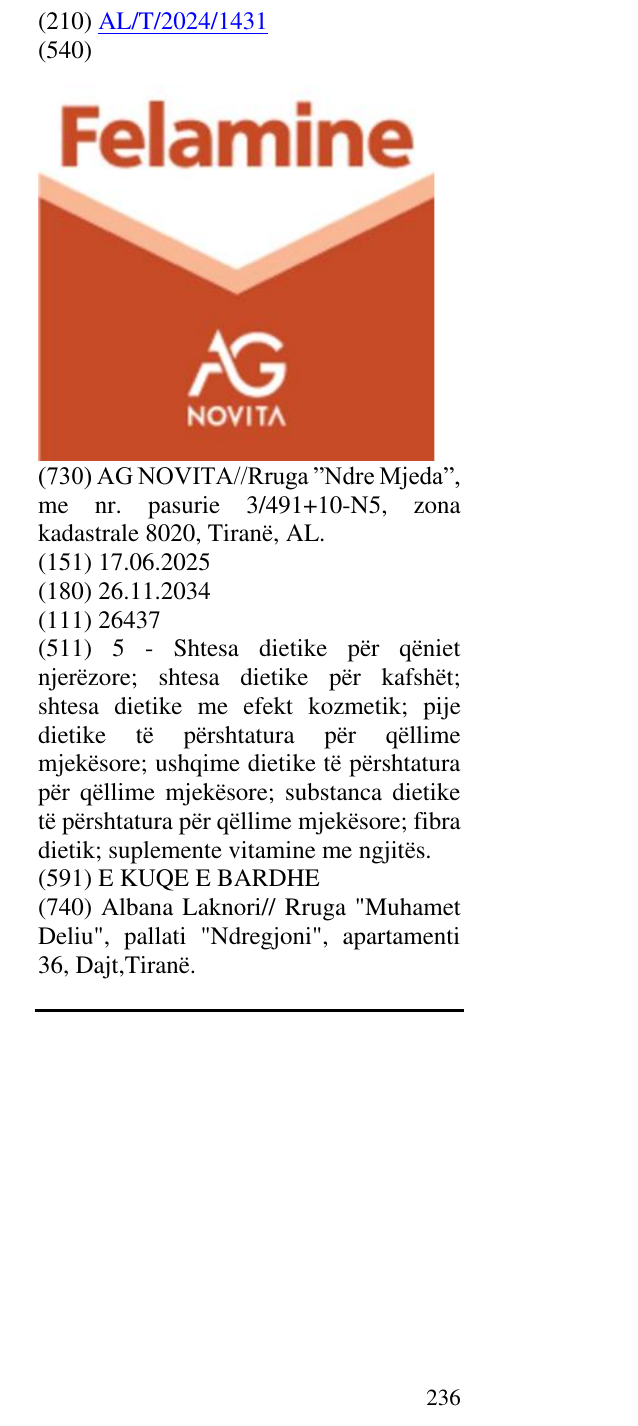 Zëri i markës FELAMINE AG NOVITA në buletin