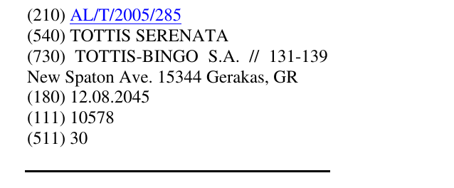 Zëri i markës TOTTIS SERENATA në buletin