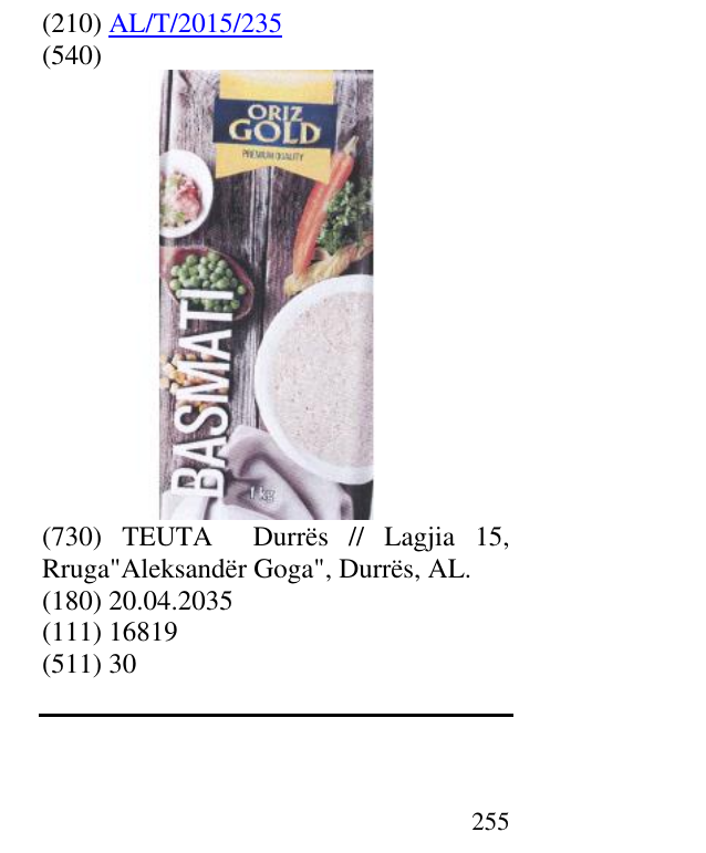 Zëri i markës Oriz "GOLD BASMATI" në buletin