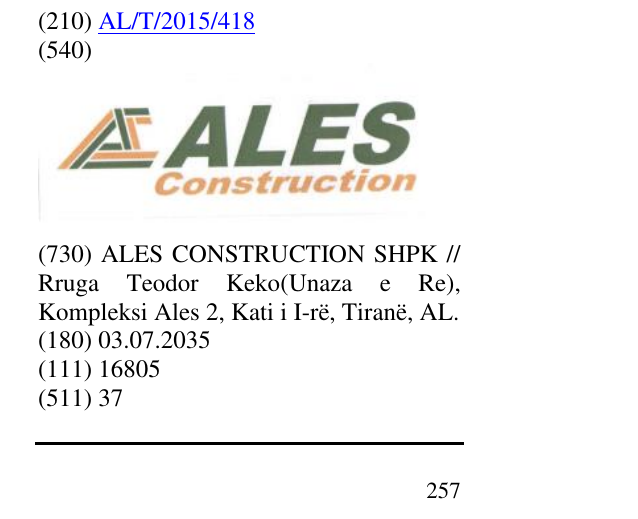 Zëri i markës ALES CONSTRUCTION në buletin