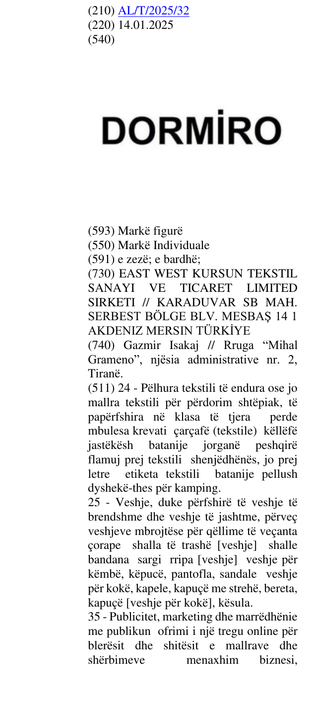 Zëri i markës DORMIRO në buletin