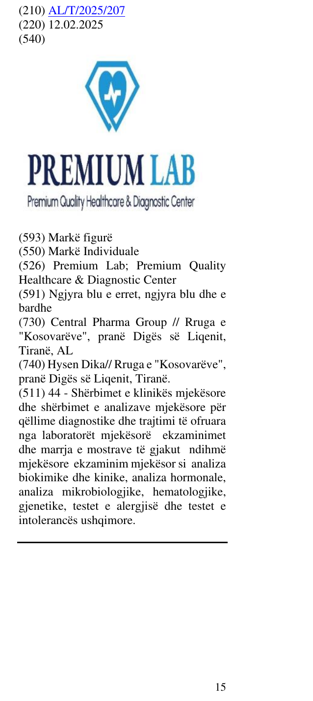 Zëri i markës Premium Lab; Premium Quality Healthcare & Diagnostic Center në buletin