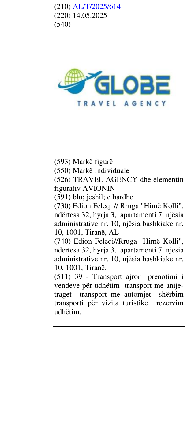 Zëri i markës TRAVEL AGENCY dhe elementin figurativ AVIONIN në buletin