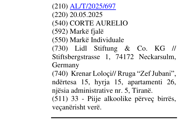 Zëri i markës CORTE AURELIO në buletin