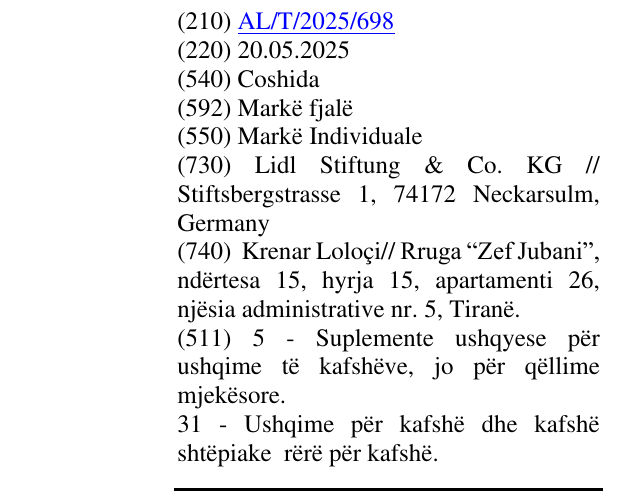 Zëri i markës Coshida në buletin