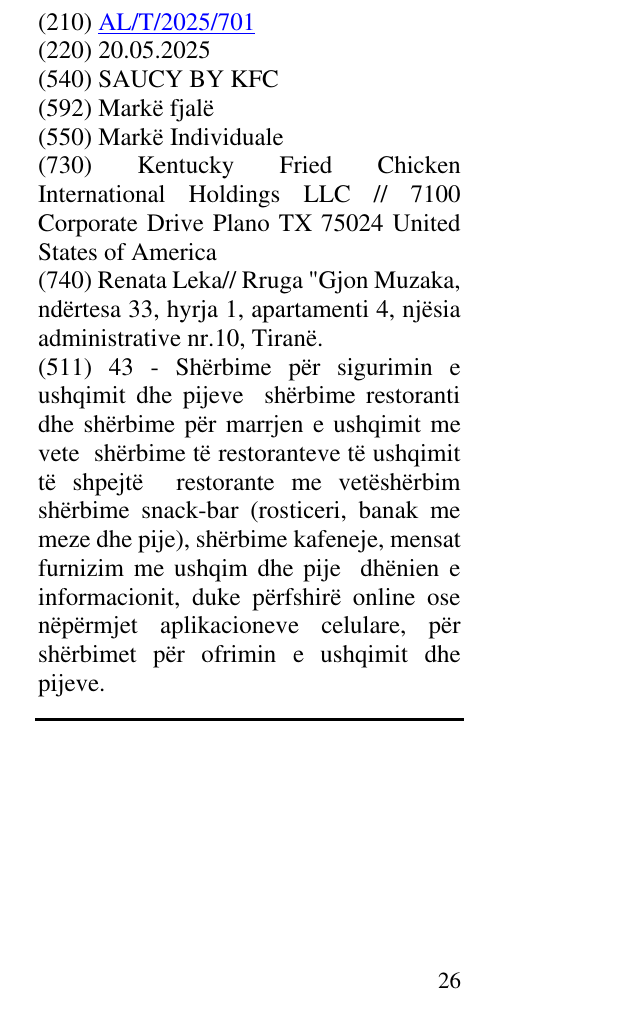 Zëri i markës SAUCY BY KFC në buletin