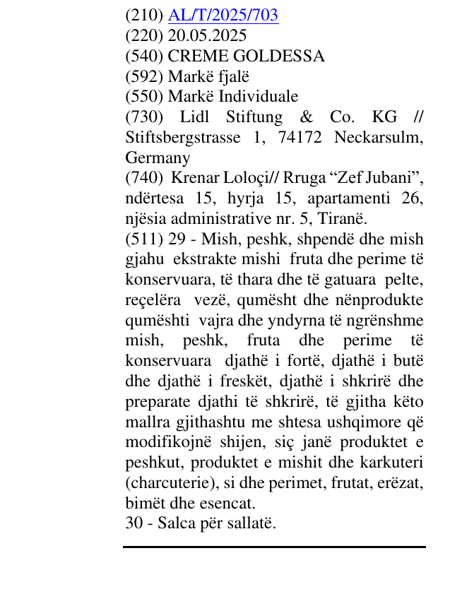 Zëri i markës CREME GOLDESSA në buletin