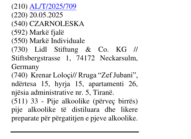 Zëri i markës CZARNOLESKA në buletin