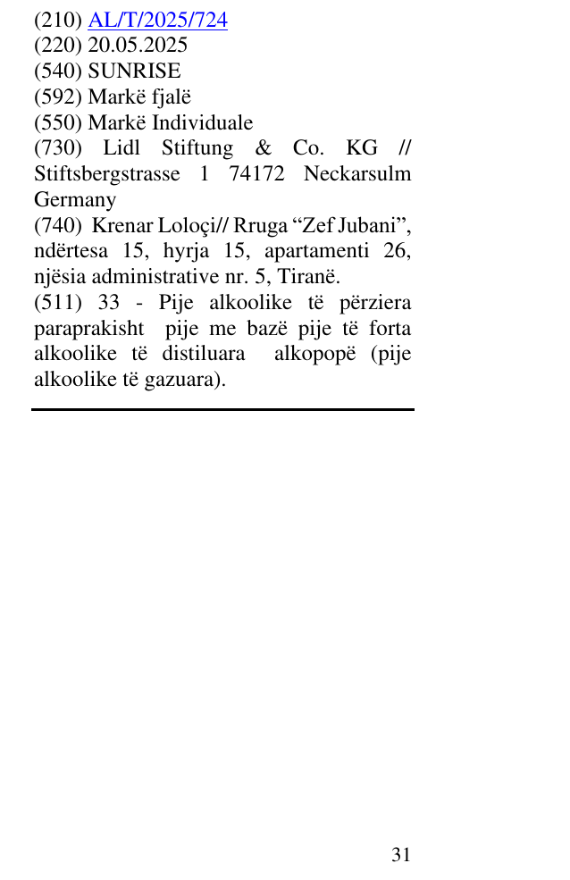Zëri i markës SUNRISE në buletin