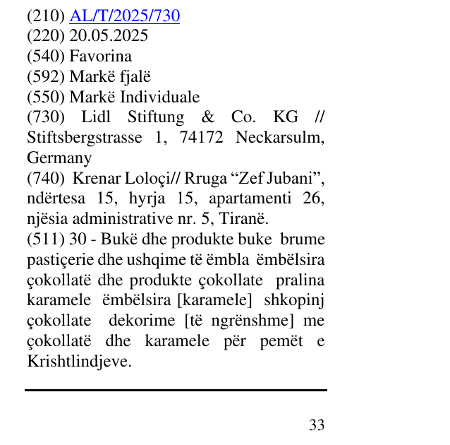 Zëri i markës Favorina në buletin