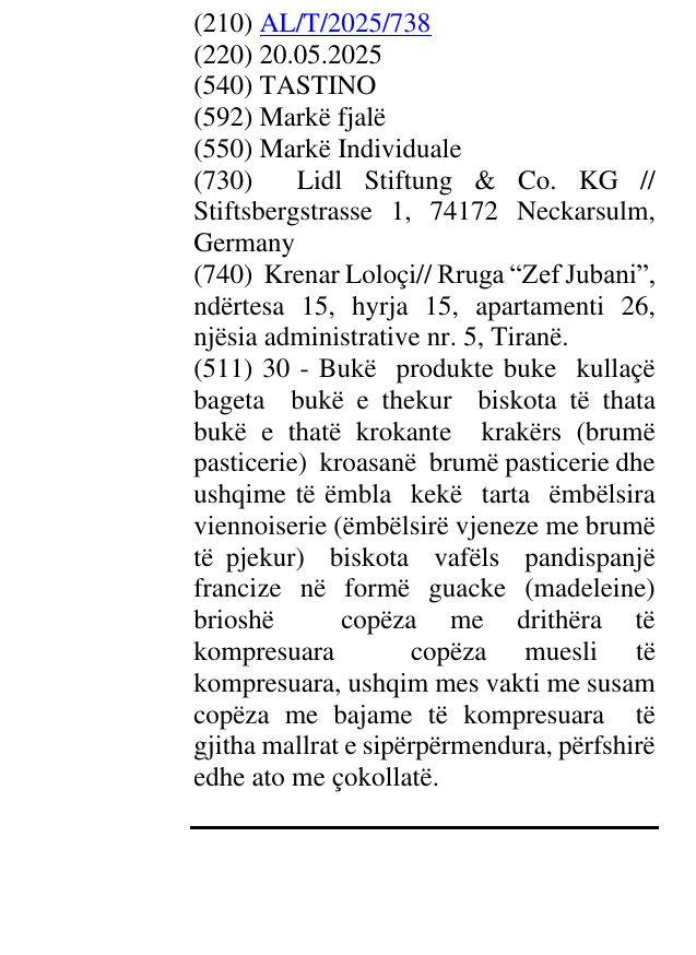 Zëri i markës TASTINO në buletin