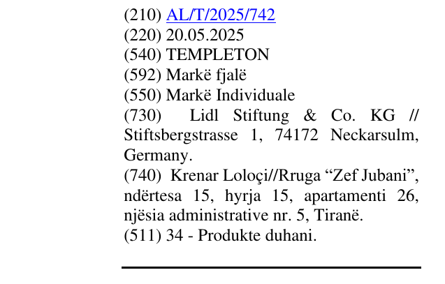 Zëri i markës TEMPLETON në buletin