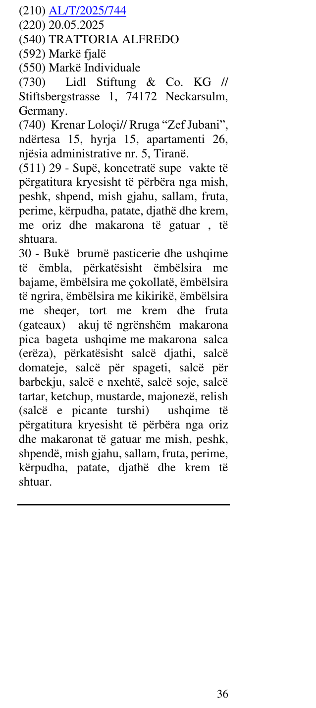 Zëri i markës TRATTORIA ALFREDO në buletin
