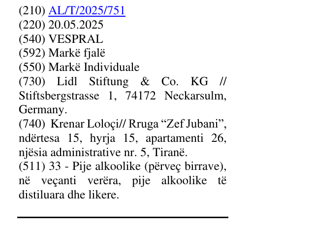 Zëri i markës VESPRAL në buletin
