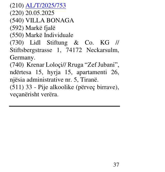 Zëri i markës VILLA BONAGA në buletin