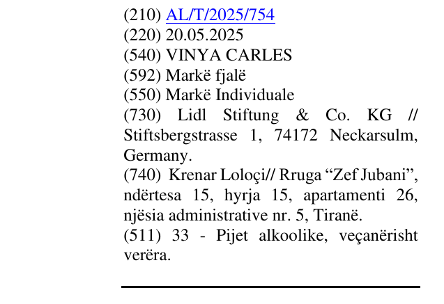 Zëri i markës VINYA CARLES në buletin