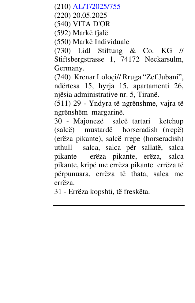 Zëri i markës VITA D'OR në buletin