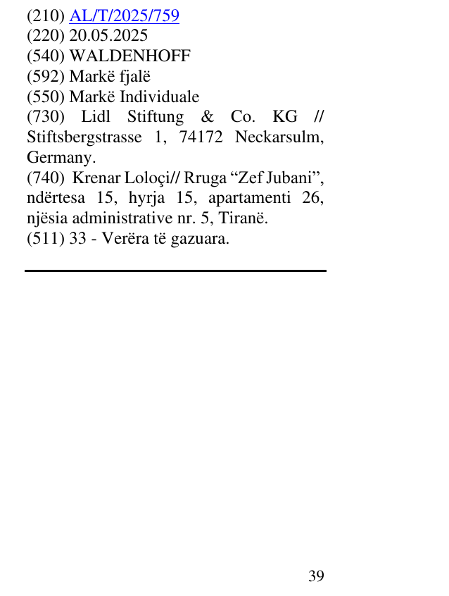 Zëri i markës WALDENHOFF në buletin