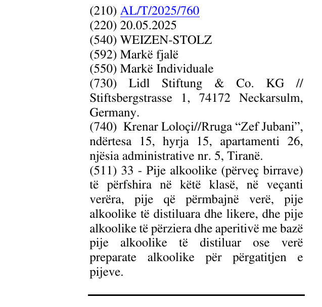 Zëri i markës WEIZEN-STOLZ në buletin
