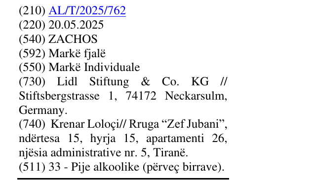 Zëri i markës ZACHOS në buletin