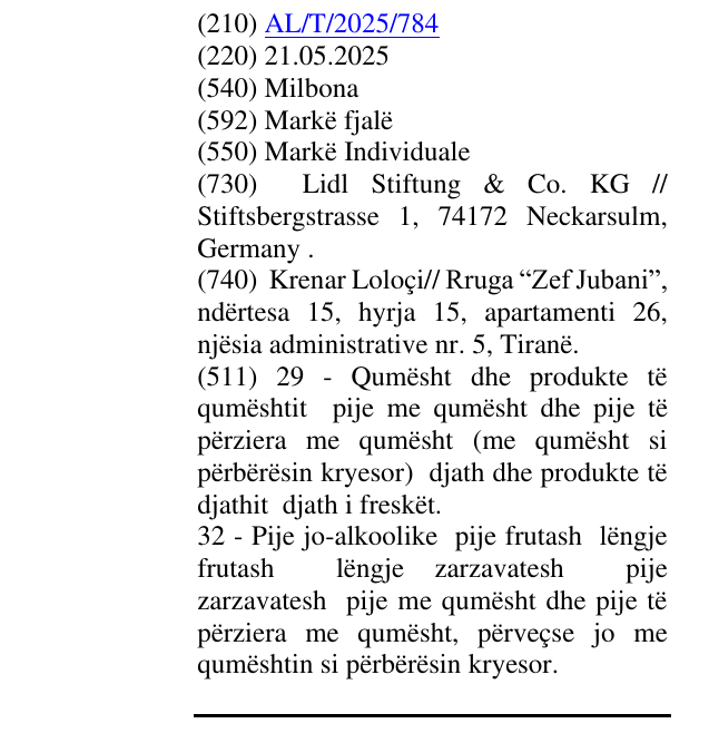 Zëri i markës Milbona në buletin