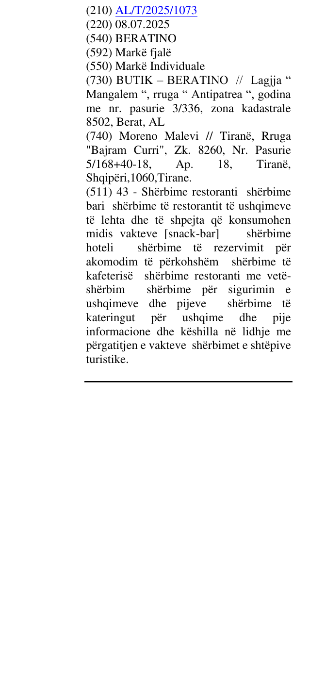 Zëri i markës BERATINO në buletin