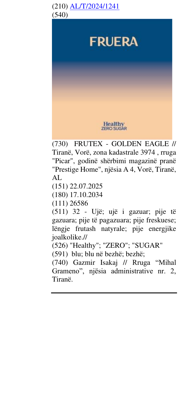 Zëri i markës "Healthy"; "ZERO"; "SUGAR" në buletin