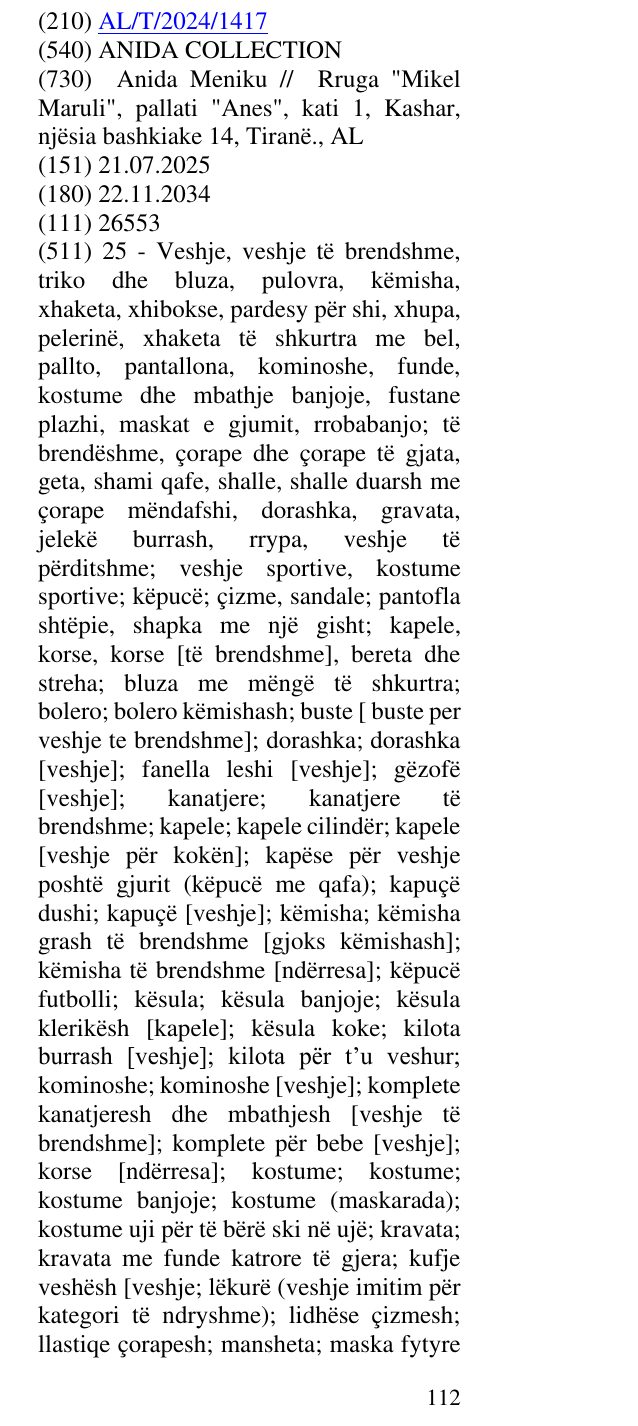 Zëri i markës ANIDA COLLECTION në buletin