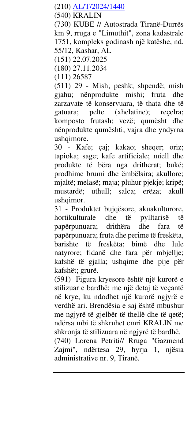 Zëri i markës KRALIN në buletin