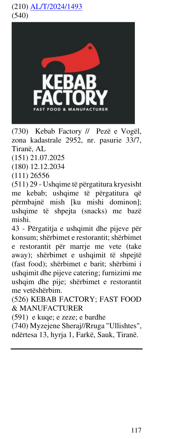 Zëri i markës KEBAB FACTORY; FAST FOOD & MANUFACTURER në buletin
