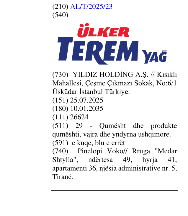 Zëri i markës ÜLKER TEREM YAĞ në buletin