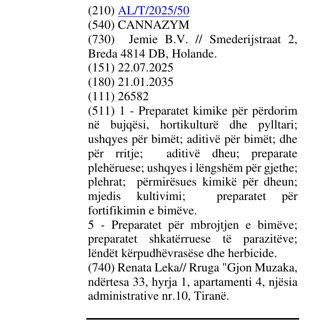 Zëri i markës CANNAZYM në buletin