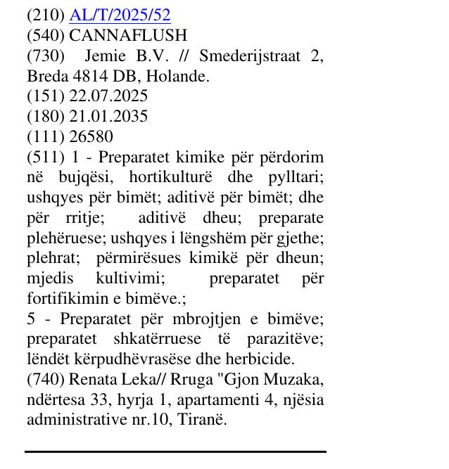 Zëri i markës CANNAFLUSH në buletin