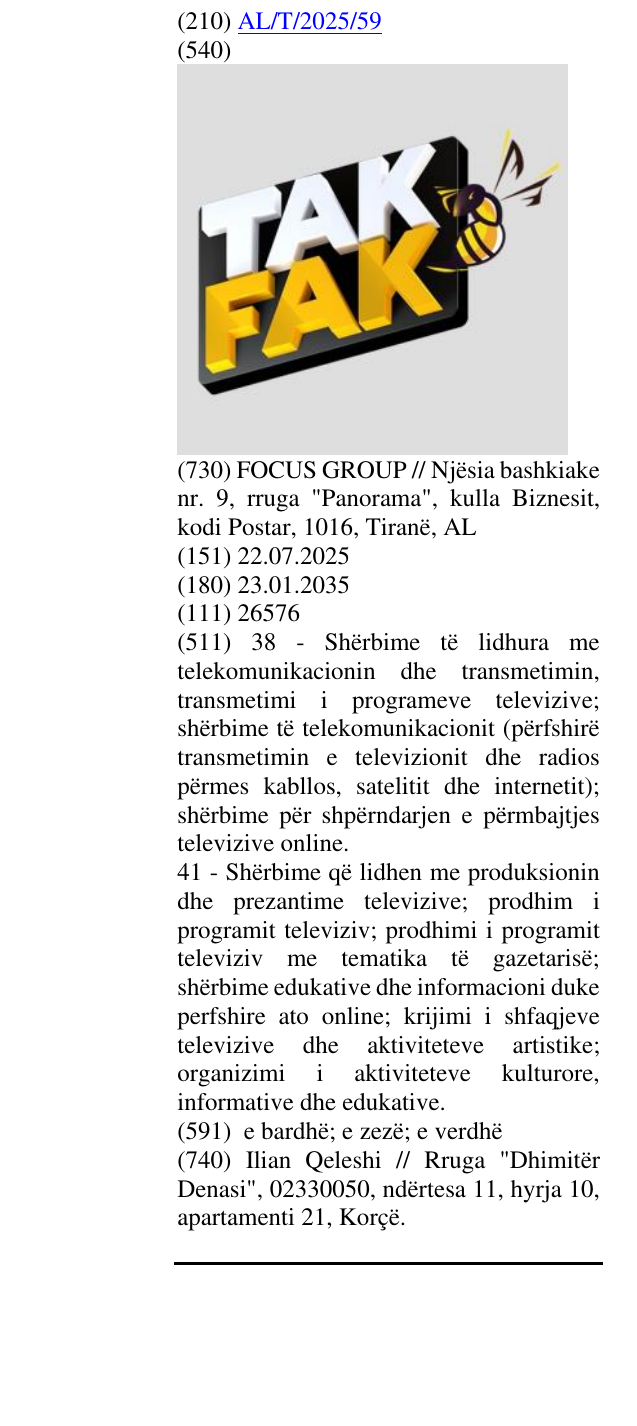 Zëri i markës TAK FAK në buletin