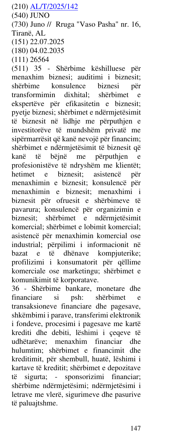 Zëri i markës JUNO në buletin