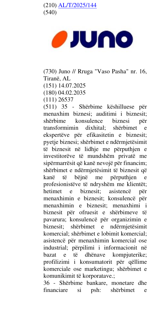 Zëri i markës JUNO në buletin