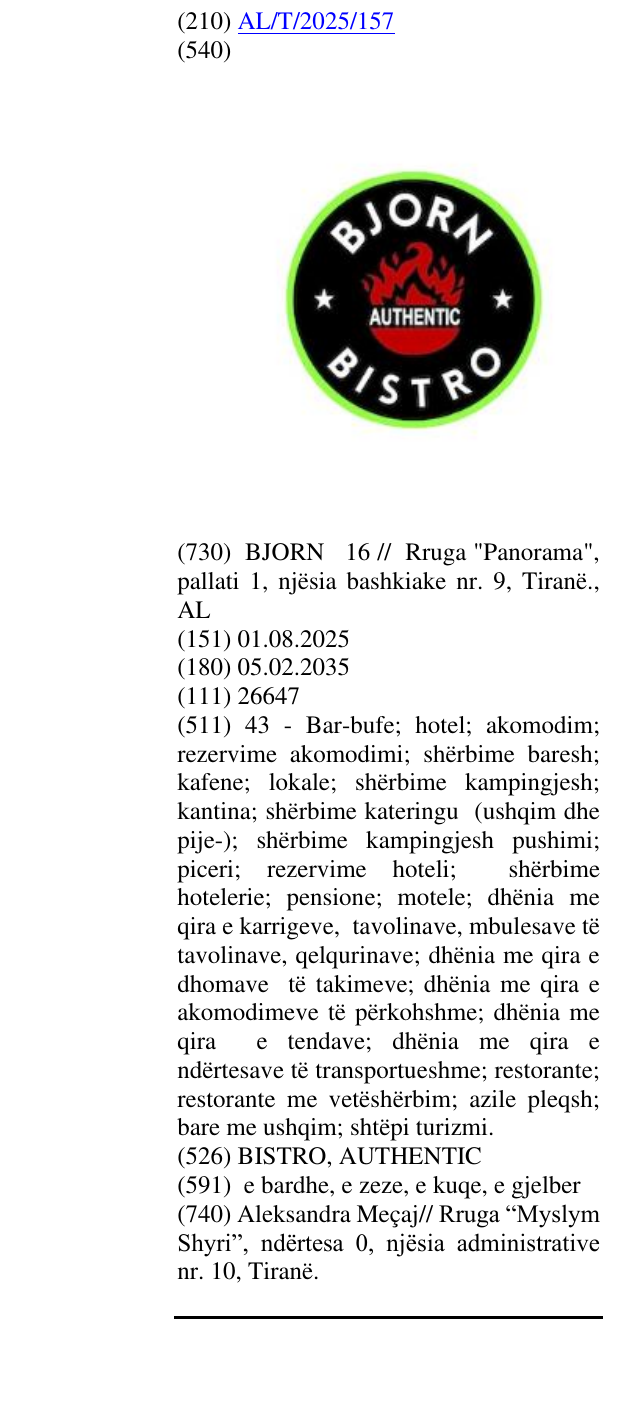 Zëri i markës BISTRO, AUTHENTIC në buletin