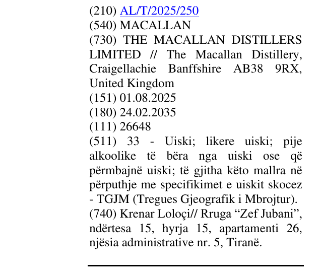 Zëri i markës MACALLAN në buletin