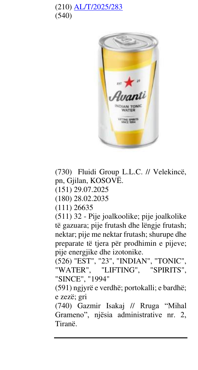 Zëri i markës "EST", "23", "INDIAN", "TONIC", "WATER", "LIFTING", "SPIRITS", "SINCE", "1994" në buletin
