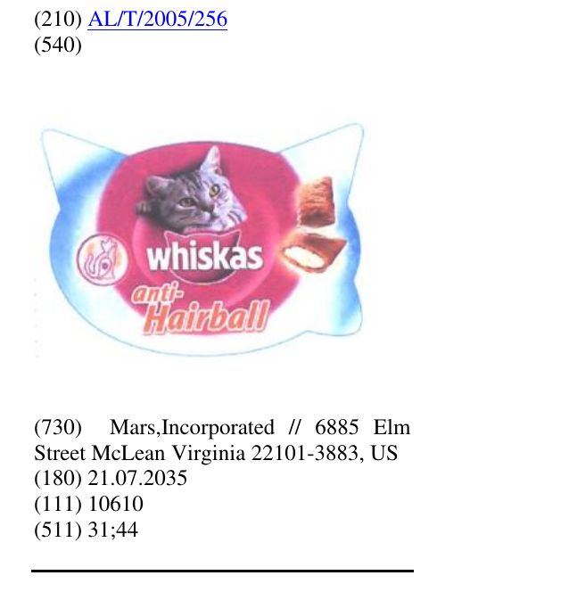 Zëri i markës WHISKAS ANTI-HAIRBALL në buletin