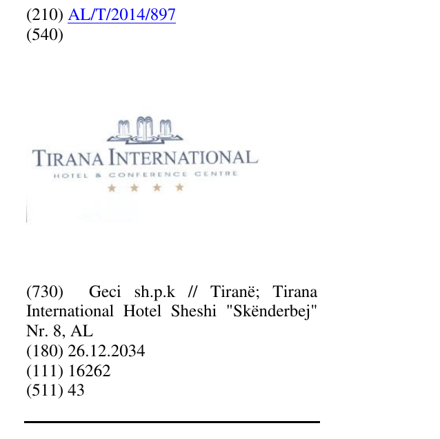 Zëri i markës Tirana International
Hotel & Conference Centre në buletin