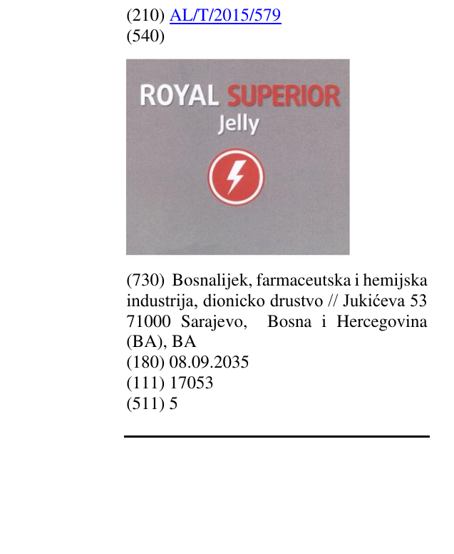 Zëri i markës ROYAL SUPERIOR Jelly në buletin