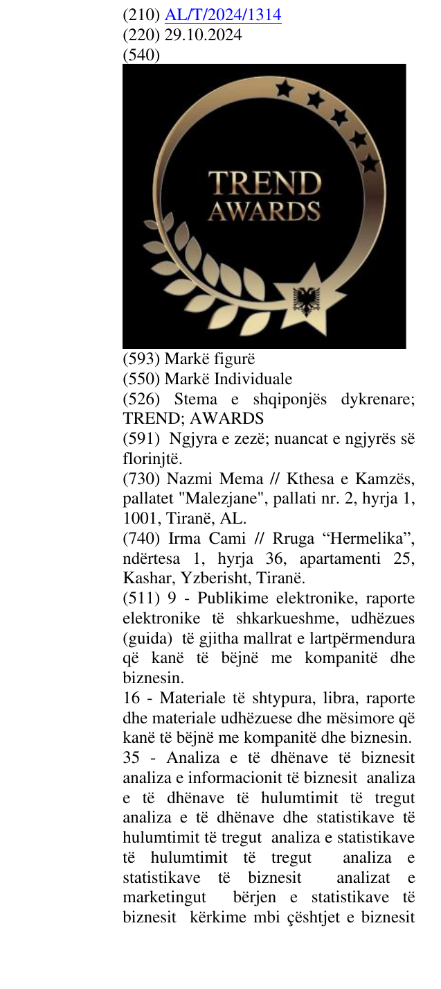 Zëri i markës Stema e shqiponjës dykrenare; TREND; AWARDS në buletin