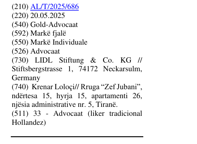 Zëri i markës Gold-Advocaat në buletin