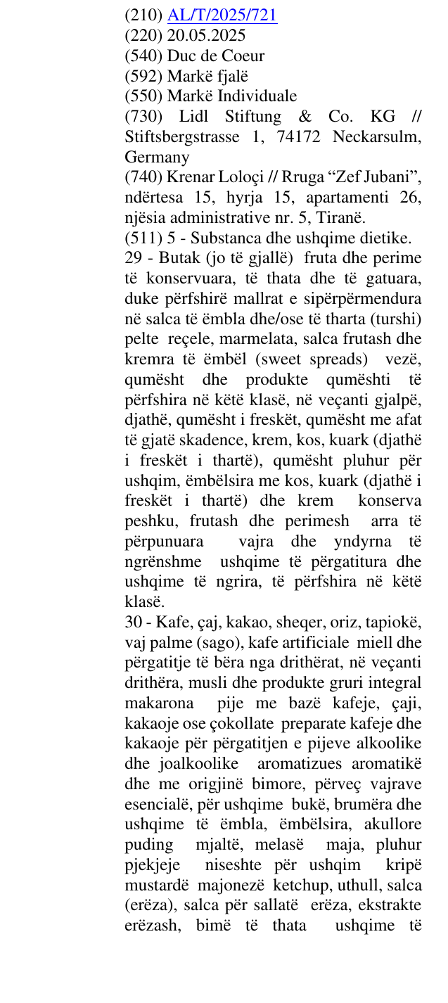 Zëri i markës Duc de Coeur në buletin
