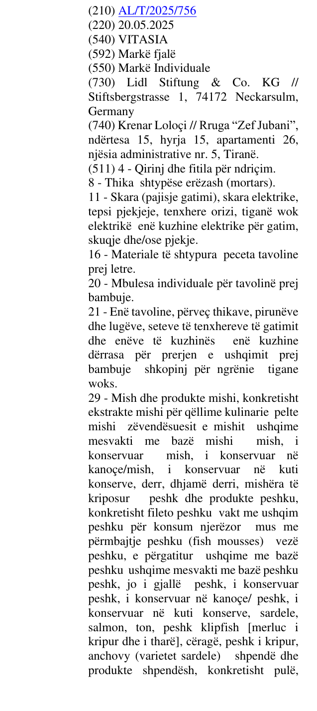 Zëri i markës VITASIA në buletin