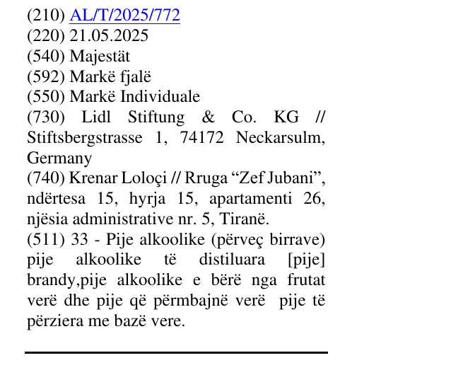 The entry of the trademark Majestät in the bulletin